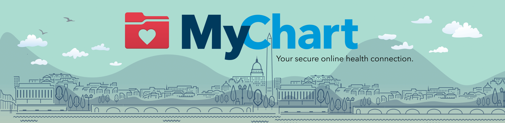 Mychart logo over skyline of DC